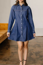 Denim Shirt Collar Long Sleeve Flared Mini Dress