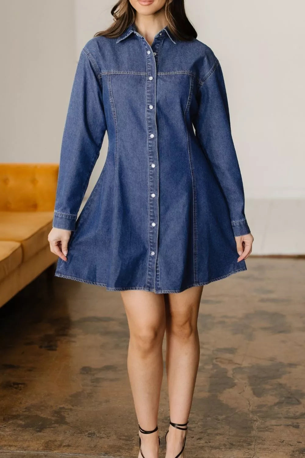 Denim Shirt Collar Long Sleeve Flared Mini Dress