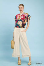 Umgee Linen Wide Leg Cropped Pants with Lace Trim