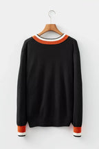 Contrast Striped Trim V Neck Varsity Sweater