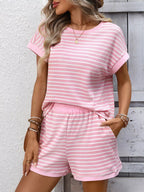 Striped Casual Round Neck Top and Shorts Set