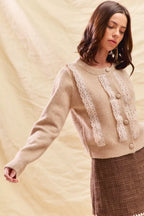SO ME Front Lace Trim Button Cardigan Sweater