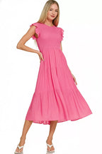 Zenana Woven Smocked Ruffle Sleeve Midi Dress