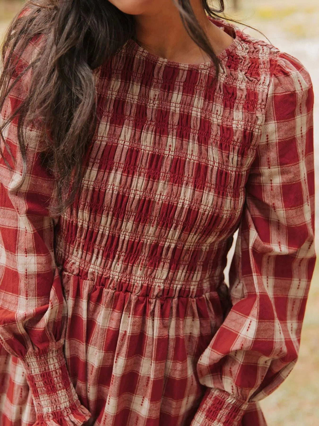 Plaid Smocked Long Sleeve Mini Dress