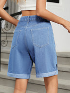 Heart-Pattern Rolled Hem Denim Shorts