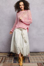 POL Openwork Round Neck High Low Knit Top
