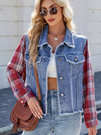 Raw Hem Plaid Sleeve Denim Jacket