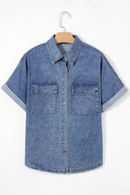 Button Flap Pocket Cuffed Short Sleeve Denim Shacket
