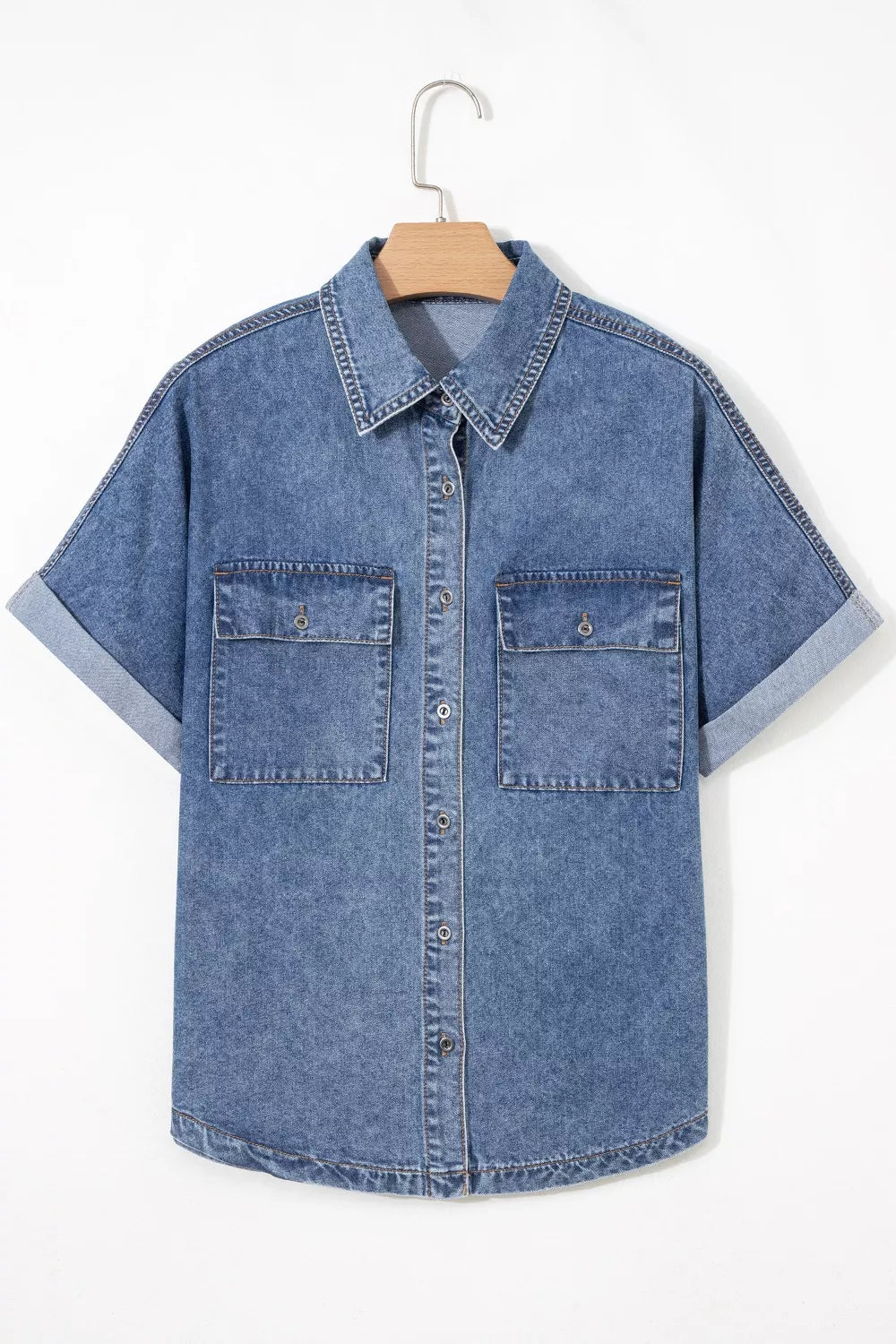Button Flap Pocket Cuffed Short Sleeve Denim Shacket