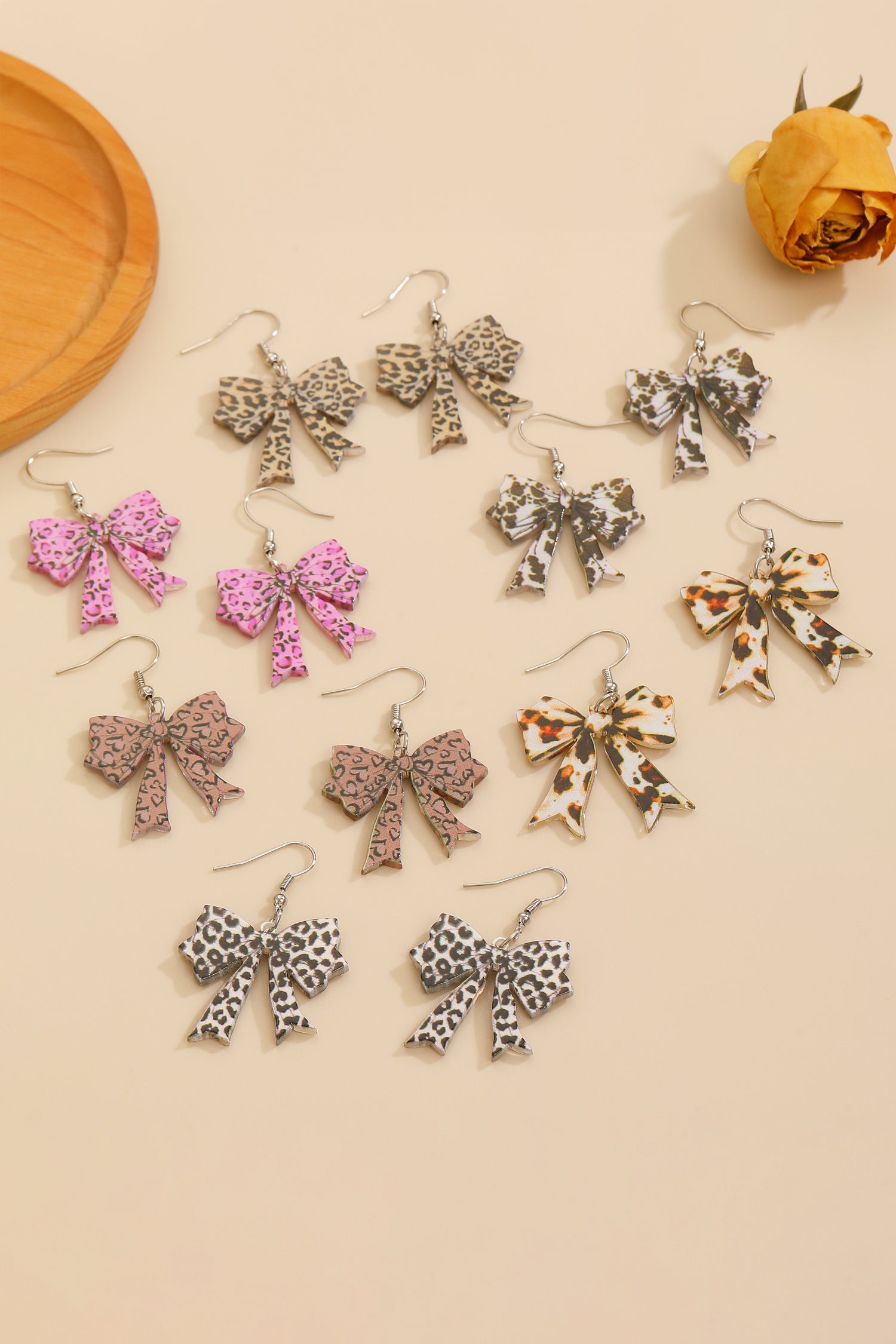 Bright Pink Stylish Leopard Printed Bow Stainless Hook Earrings