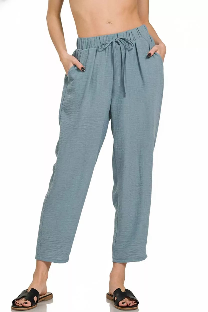 Zenana Woven Crepe Elastic Band Waist Pants