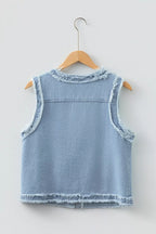 Frayed Edge Flap Pockets Denim Vest Jacket