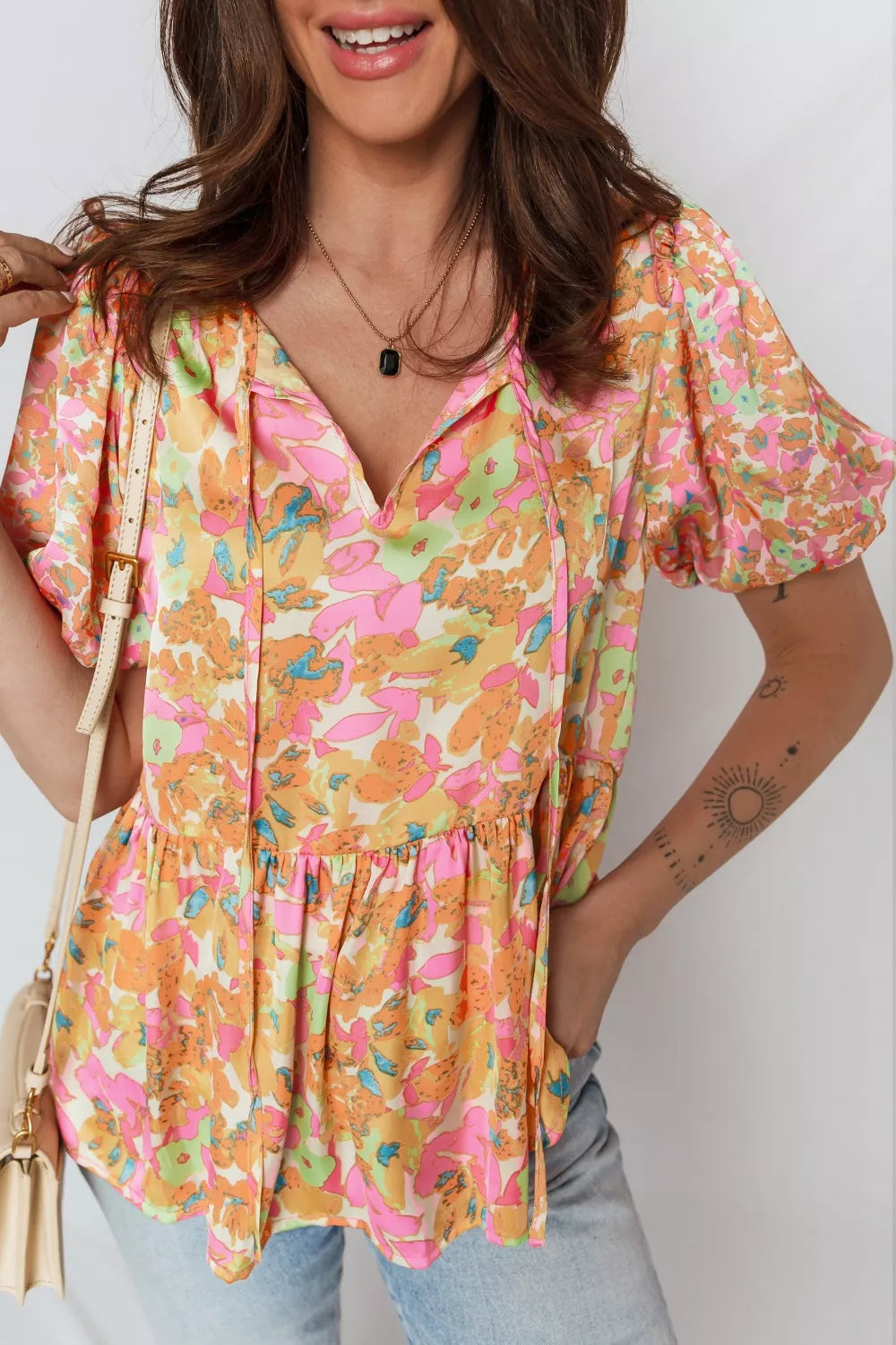 Split V Neck Short Sleeve Flower Blouse