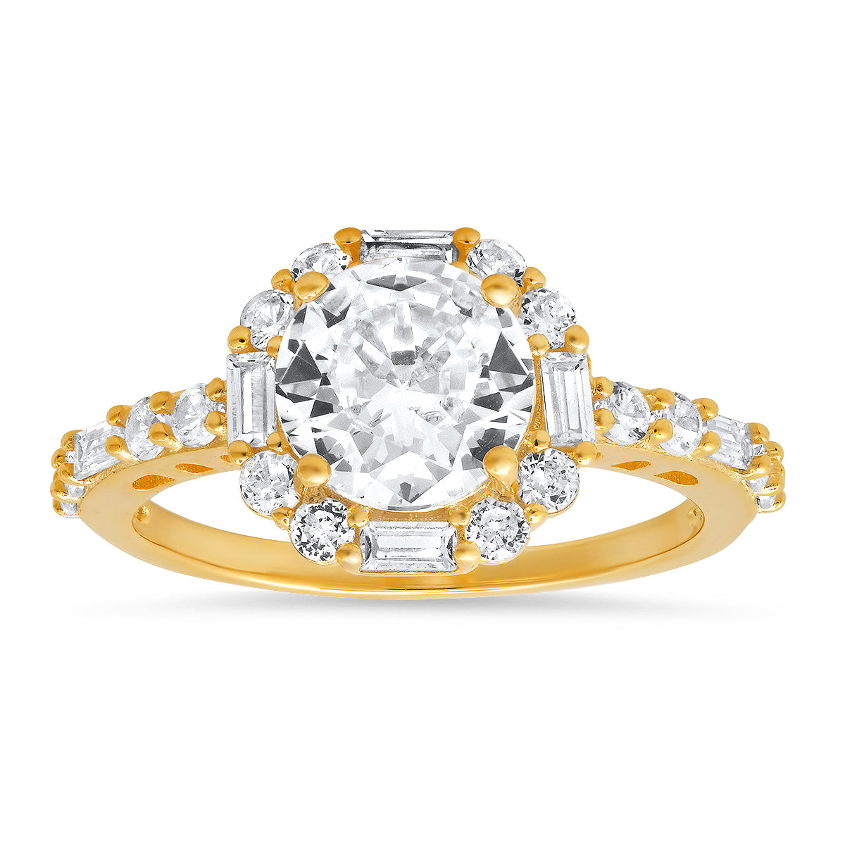 Sterling Silver Round and Baguette-cut Halo CZ Ring