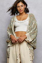 POL Open Front Floral Pattern Crochet Cardigan