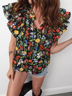Tiered Flutter Sleeve V Neck Flower Blouse