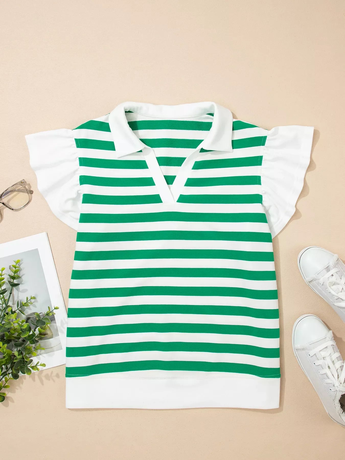 Stripe Collar V Neck Ruffled Short Sleeve Blouse