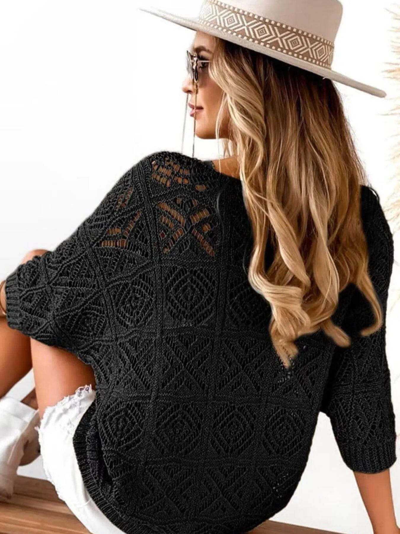 Openwork 3/4 Sleeve Knit Cover Up