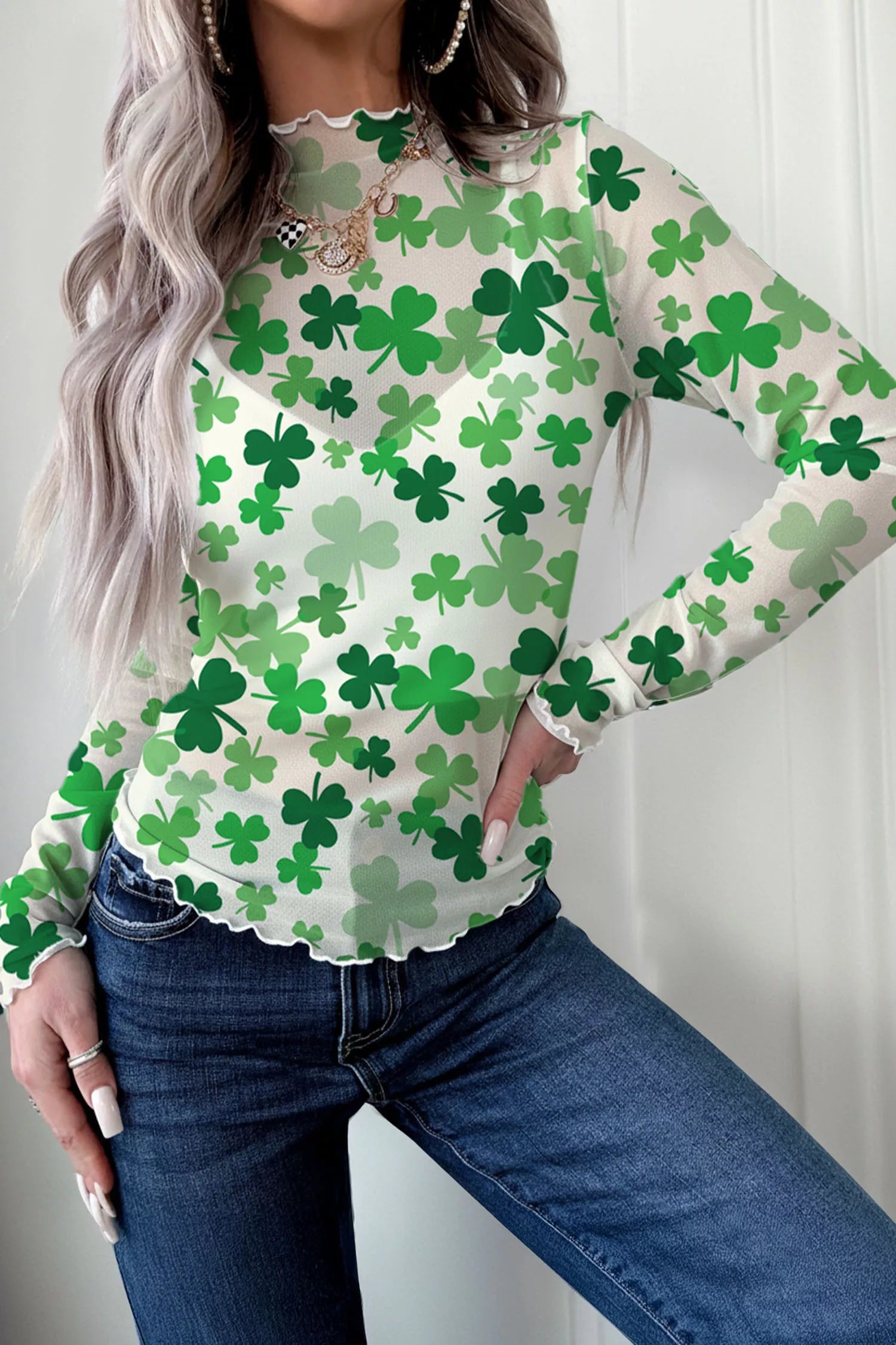 Lettuce Trim High Neck Mesh Long Sleeve Top