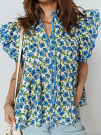 Tiered Flutter Sleeve Pleated Flower Blouse