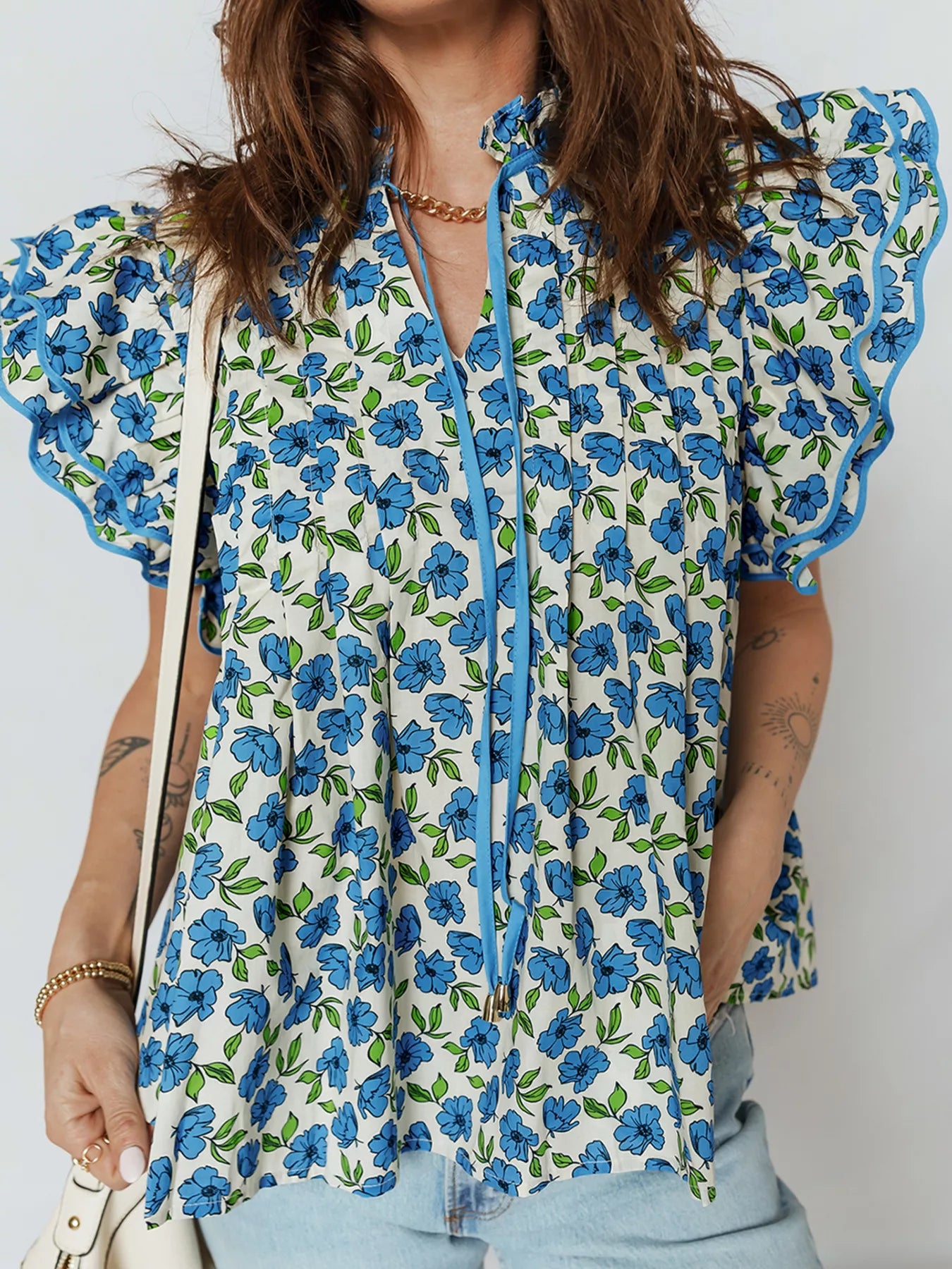 Tiered Flutter Sleeve Pleated Flower Blouse