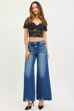 RISEN High Rise Wide Leg Jeans with Distressed Hem