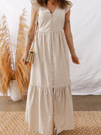 Stripe Flutter Sleeve Buttoned Front Slit Maxi Dress