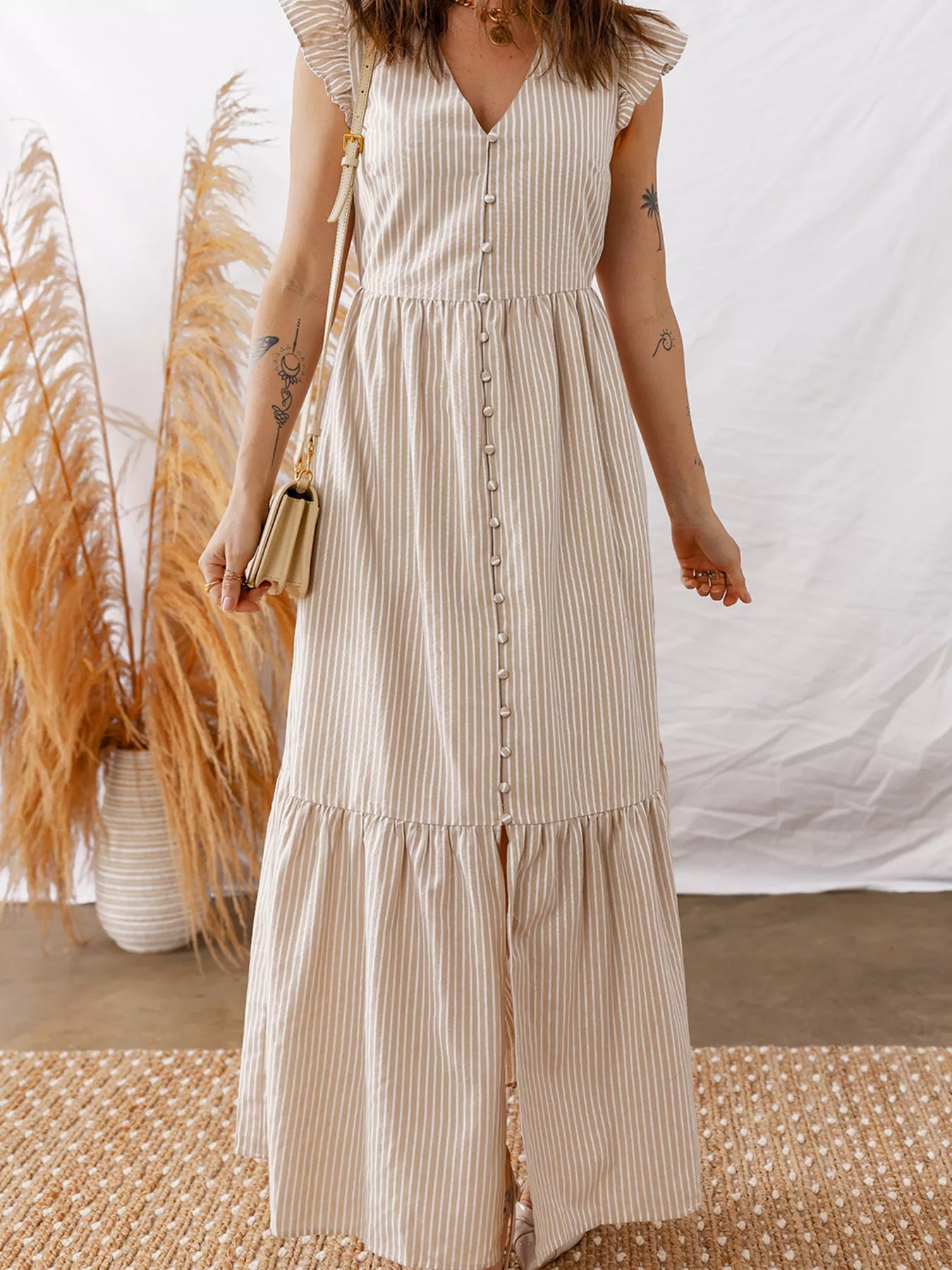Stripe Flutter Sleeve Buttoned Front Slit Maxi Dress