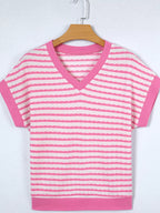 Stripe Textured Knit Contrast Trim V Neck Short Sleeve Top