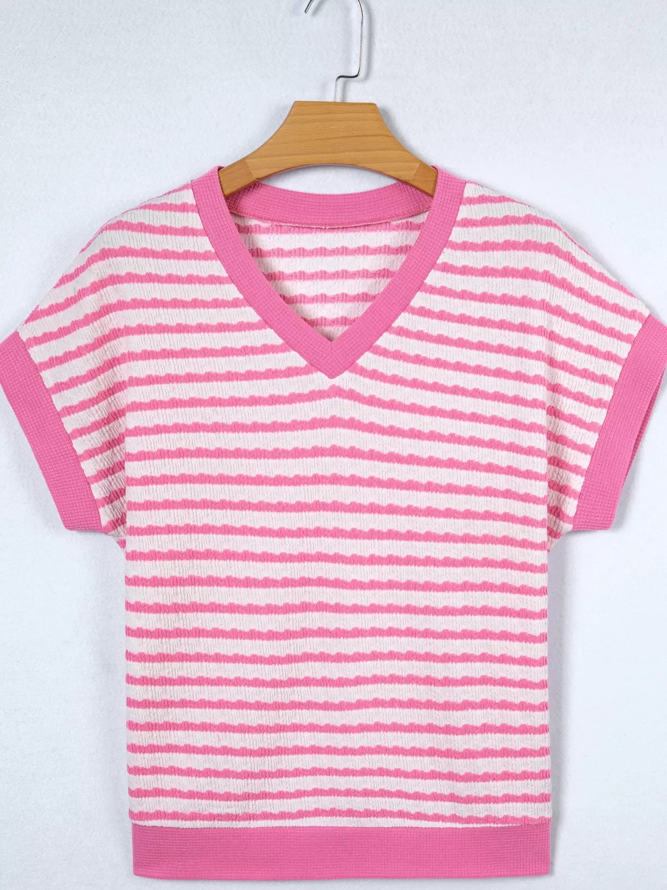 Stripe Textured Knit Contrast Trim V Neck Short Sleeve Top