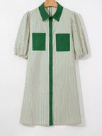 Stripe Color Block Patchwork Shirt Collar Button Down Puff Sleeve Mini Dress