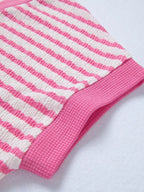 Stripe Textured Knit Contrast Trim V Neck Short Sleeve Top