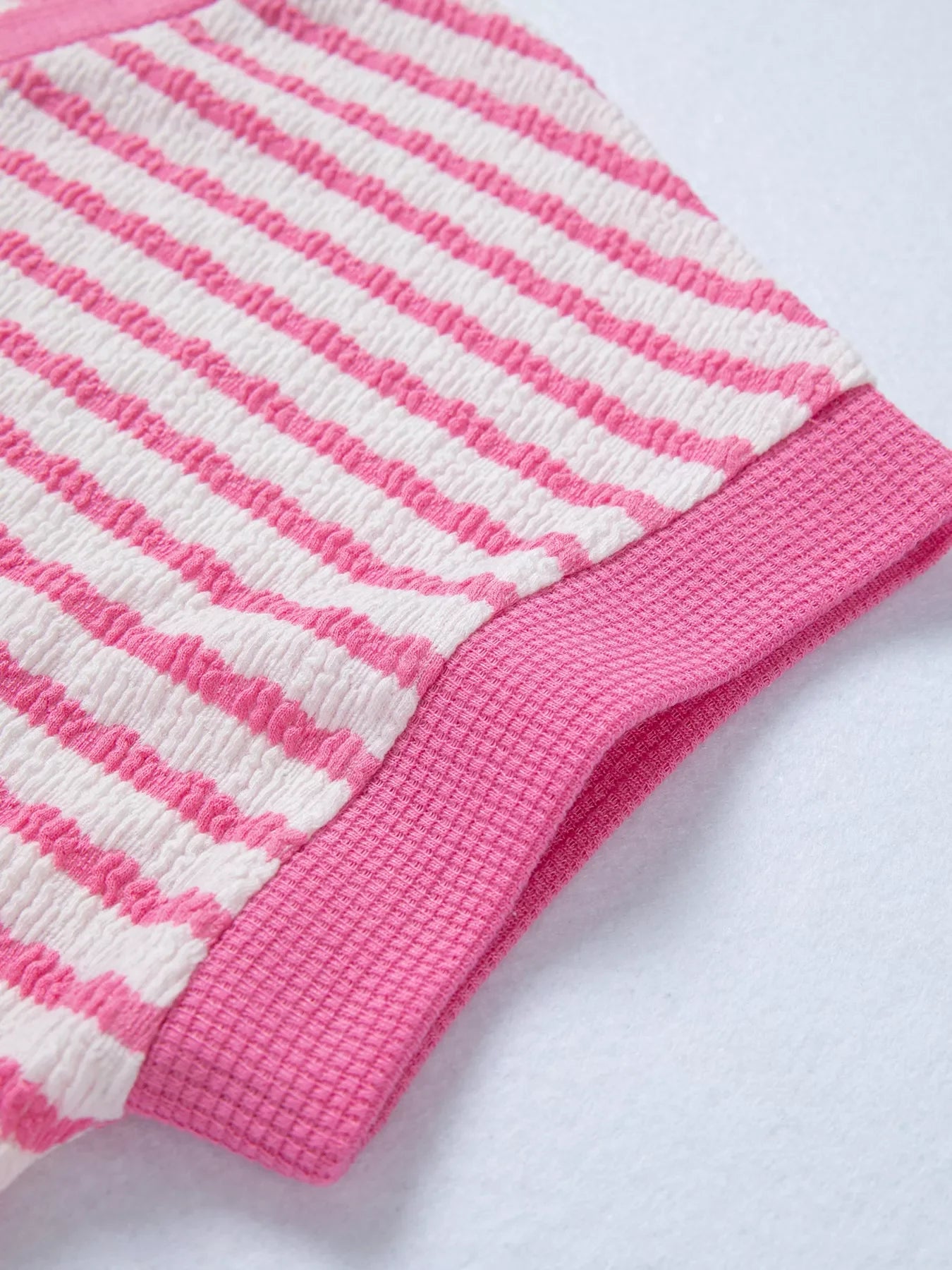 Stripe Textured Knit Contrast Trim V Neck Short Sleeve Top