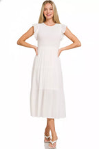 Zenana Woven Smocked Ruffle Sleeve Midi Dress