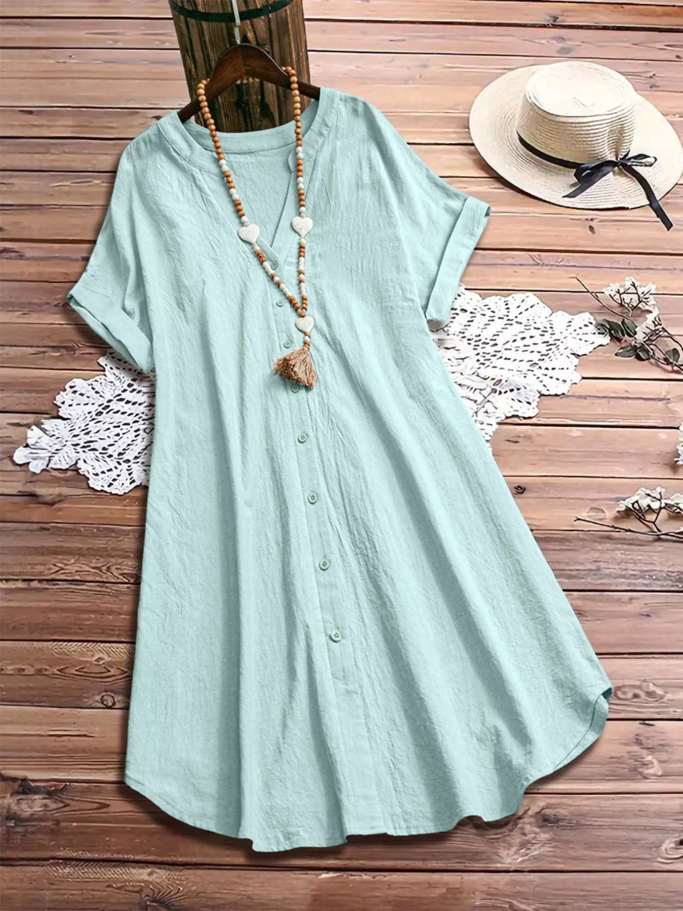 Plus Size Casual Button-Down Short Sleeve Dress