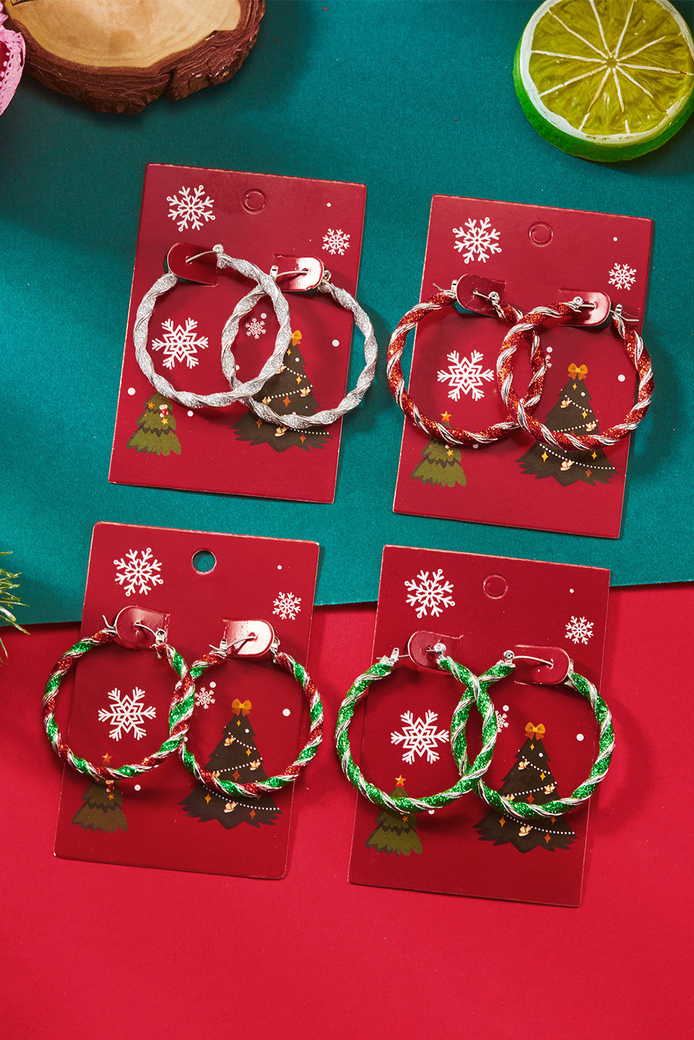 Fiery Red Christmas Structured Glitter Hoop Earrings