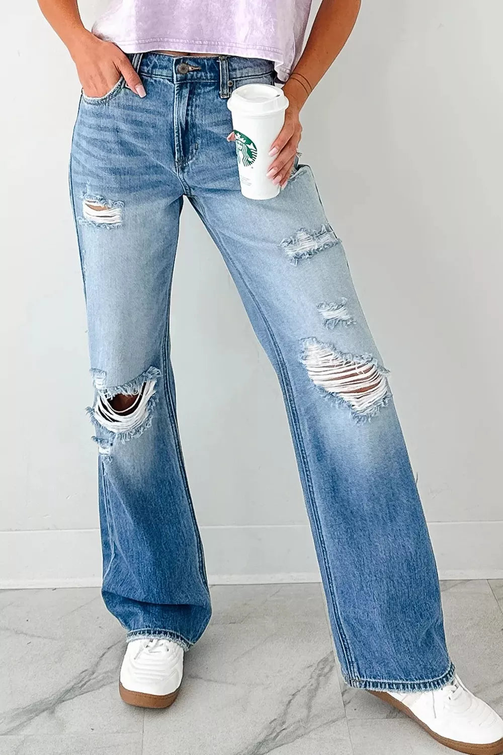 Mid Rise Distressed Sneak Peek Straight Leg Jeans