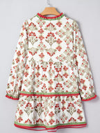 Floral Print Contrast Trim Frilled Neck Long Sleeve Flared Dress