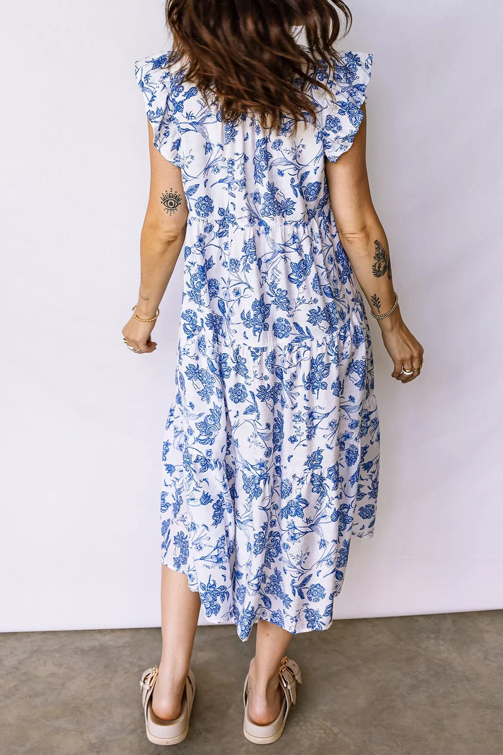 Ruffled Short Sleeve Tiered Floral Midi Dress