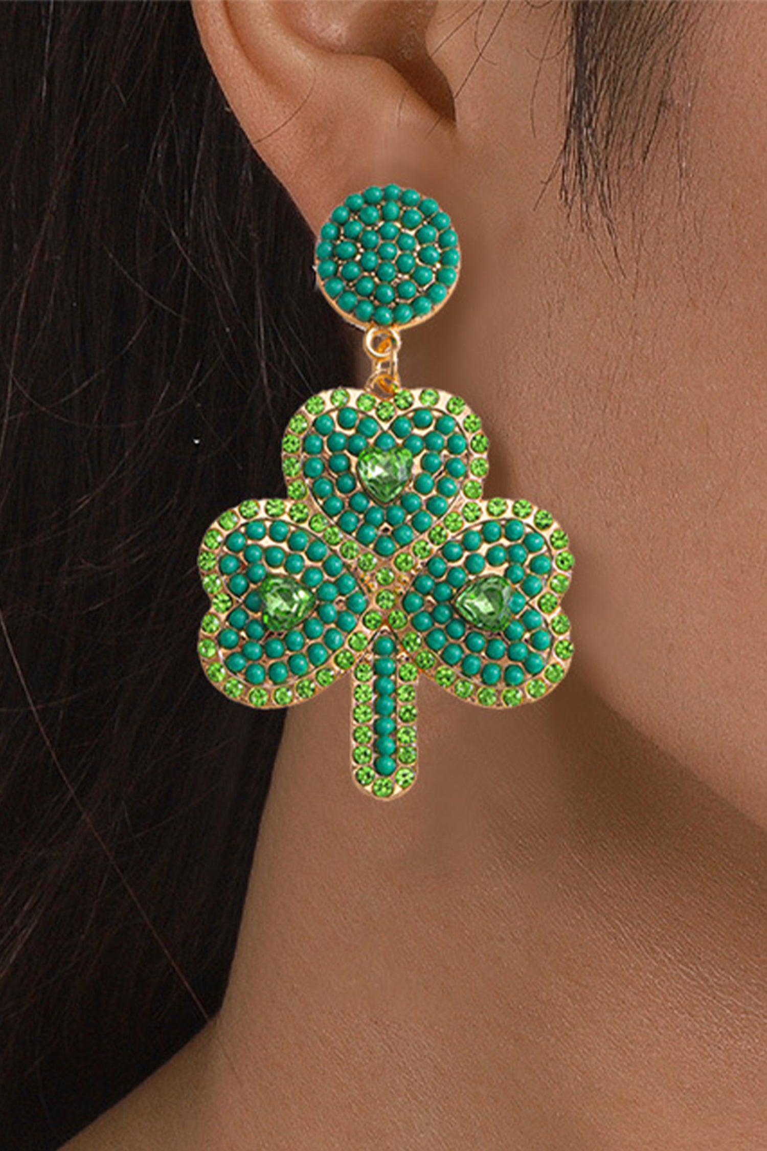 Green St Patrick Retro Beaded Clover Earrings