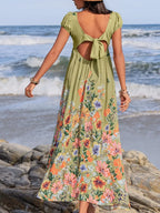 Backless Printed V-Neck Short Sleeve Maxi Dress