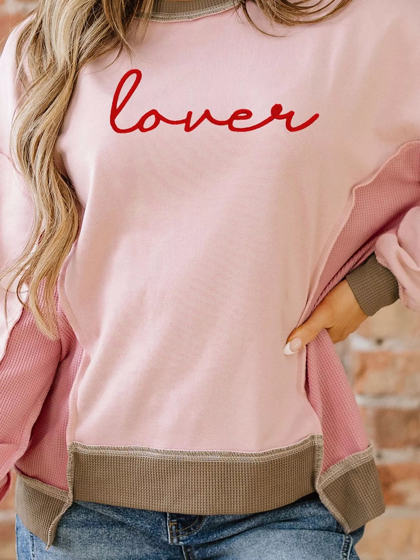 Color Block Patchwork Lovers Embroidered Letter Sweatshirt