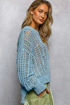 POL Openwork Round Neck High Low Knit Top