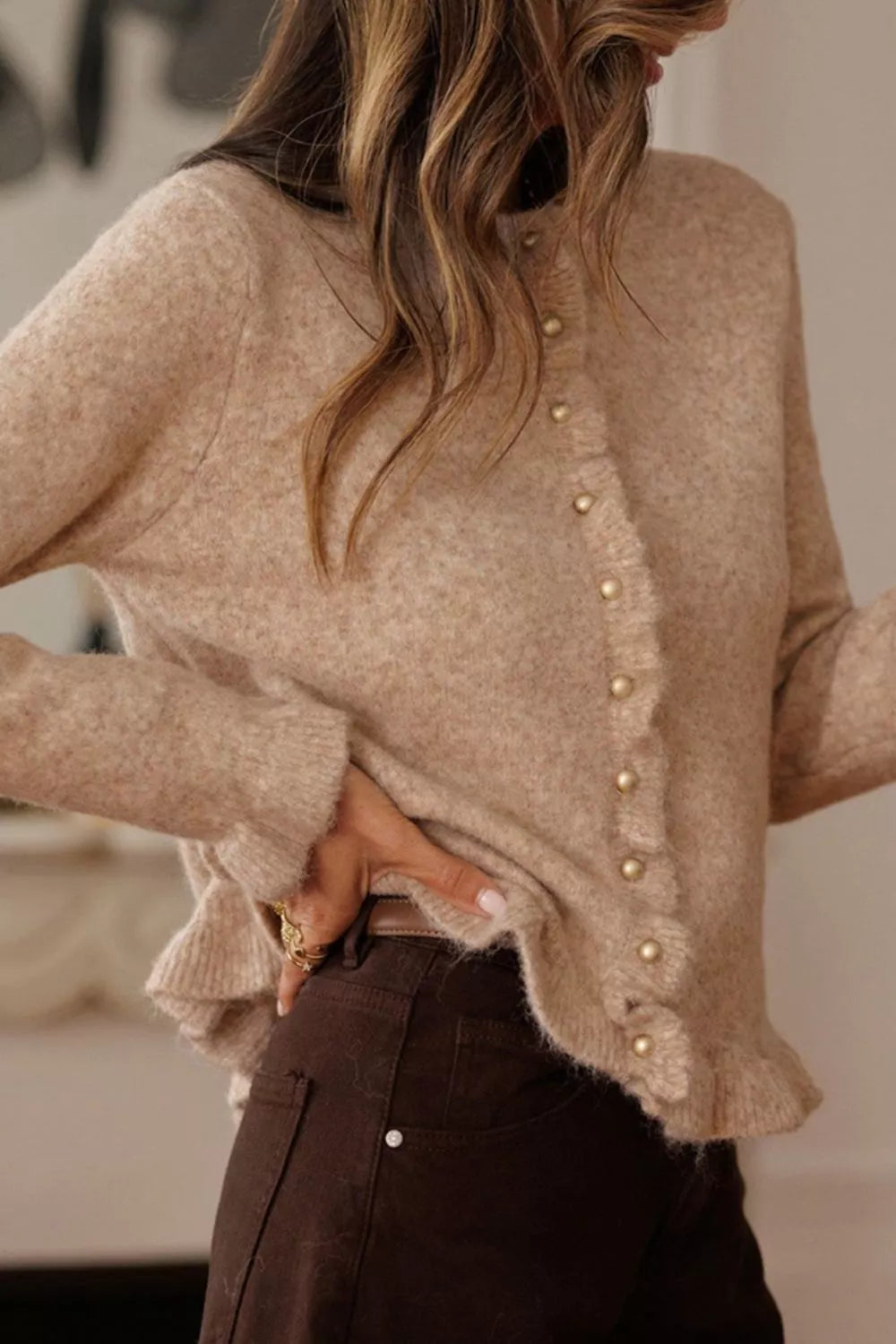 Ruffled Trim Button-Down Cardigan