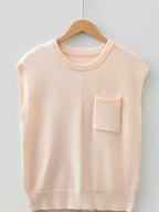 Solid Color Mixed Knits Patch Pocket Short Sleeve Sweater