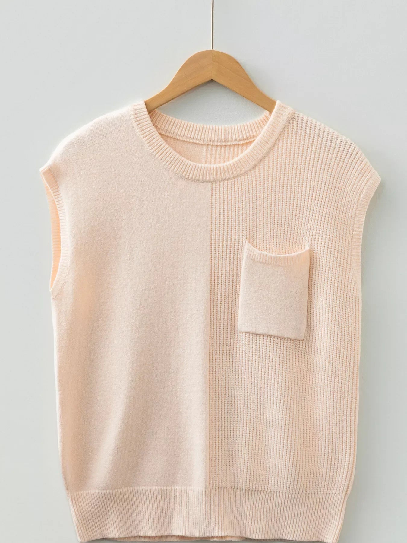 Solid Color Mixed Knits Patch Pocket Short Sleeve Sweater