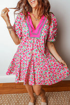 Floral Print V Neck Patchwork Short Bubble Sleeve Mini Dress