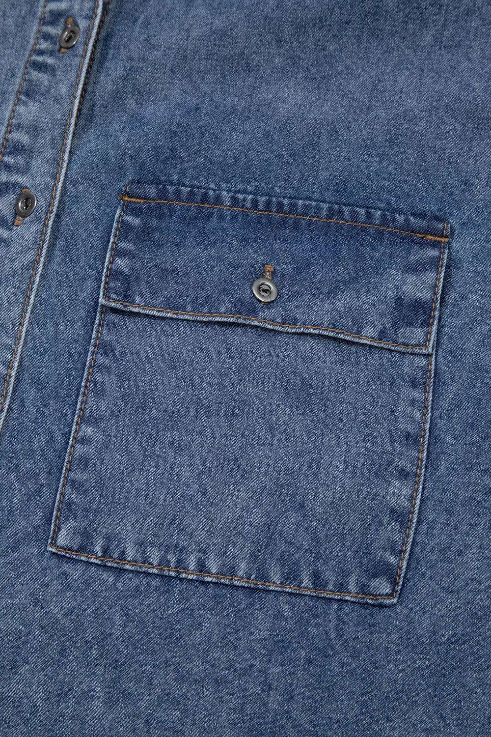 Button Flap Pocket Cuffed Short Sleeve Denim Shacket