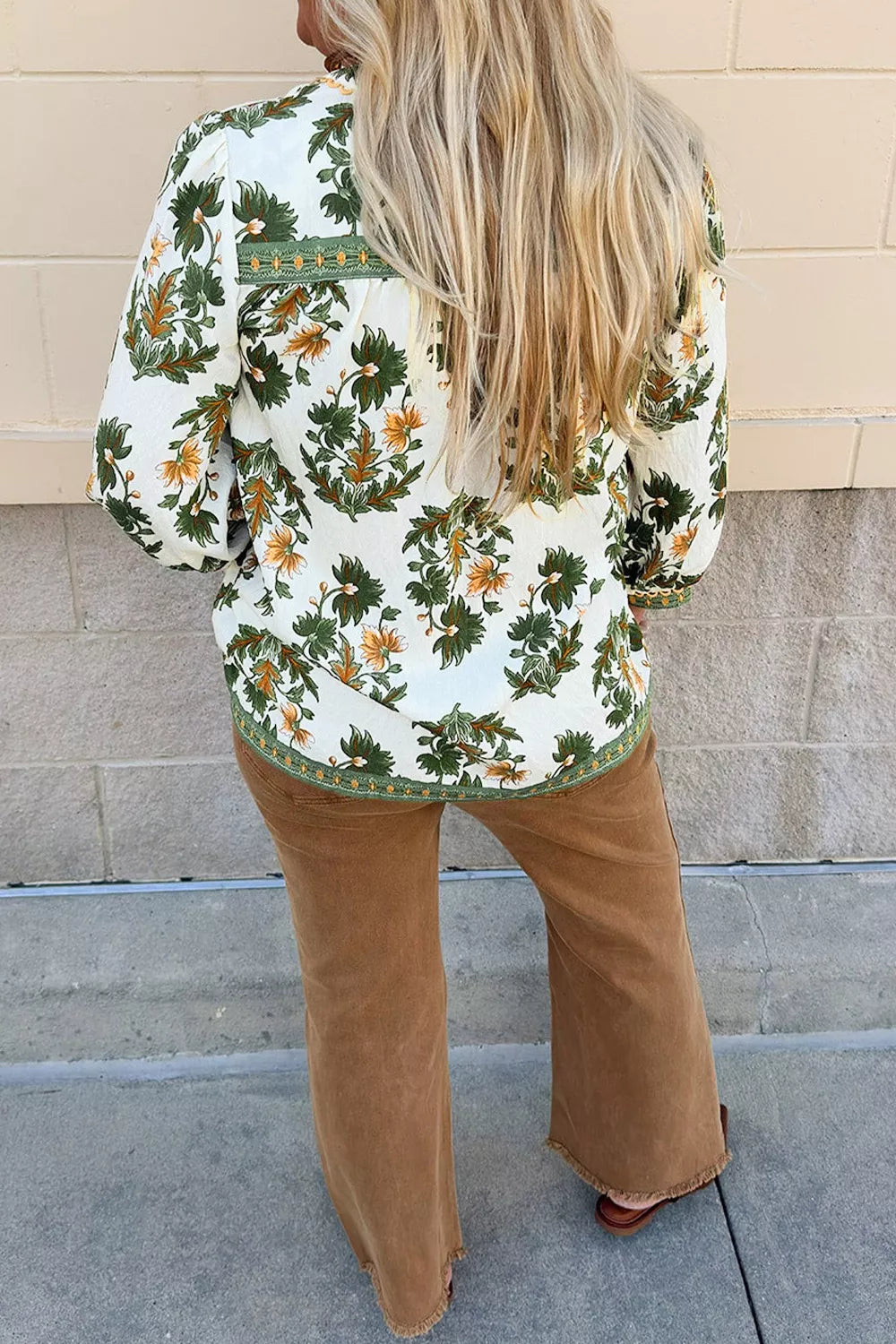 Plus Size Floral Printed Contrast Patchwork Detail Tassel Tie 3/4 Sleeve Blouse
