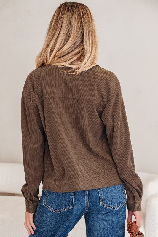 Solid Corduroy Lapel Collar Zip-Up Buttoned Jacket